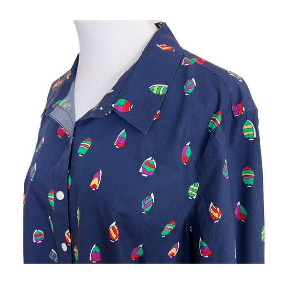 Lands End No Iron Supima Button Front Shirt 18W Sailboat Print Navy Blue - Picture 3 of 8
